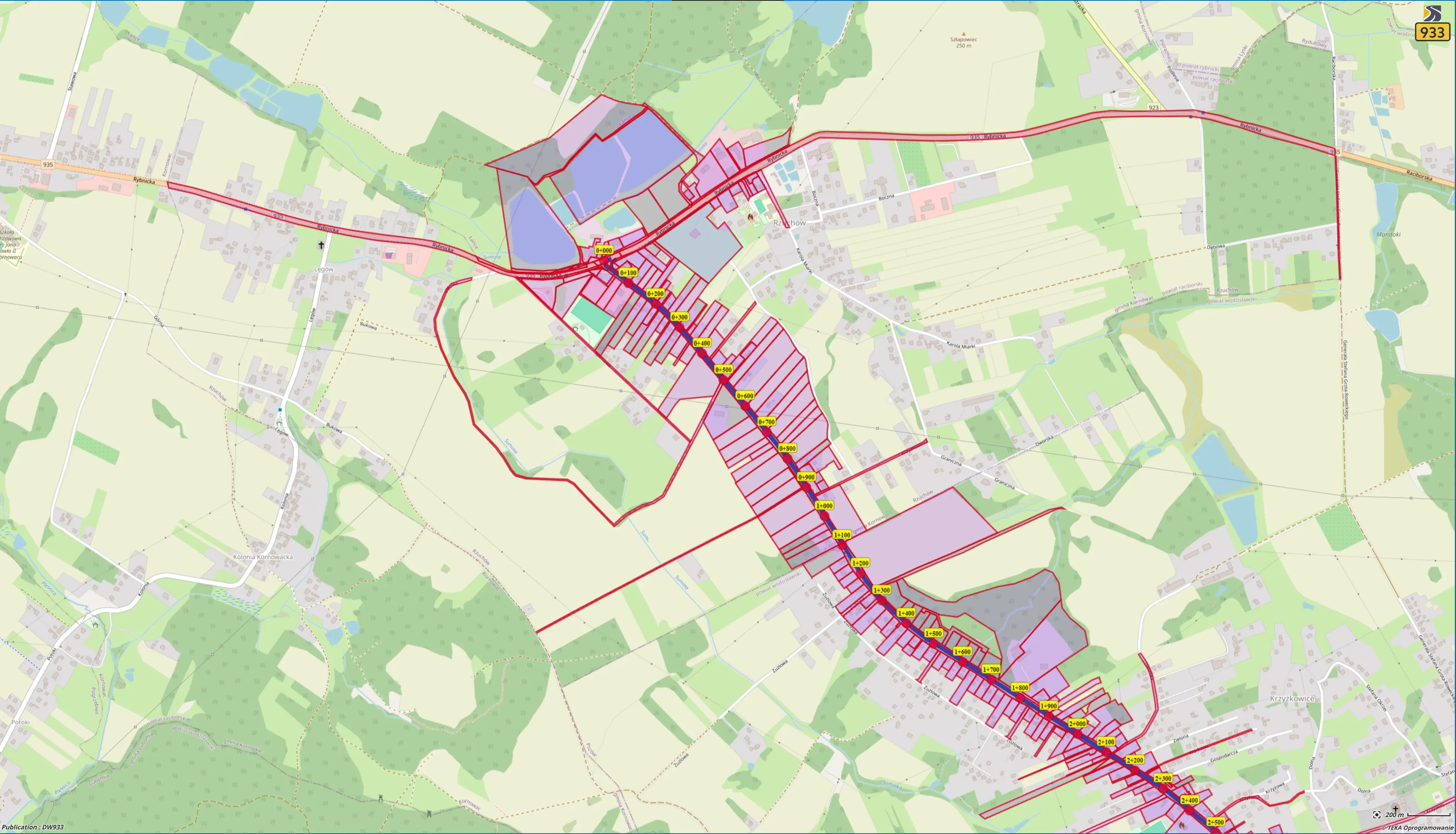 Warstwy ewidencyjne i kilometraż na mapie